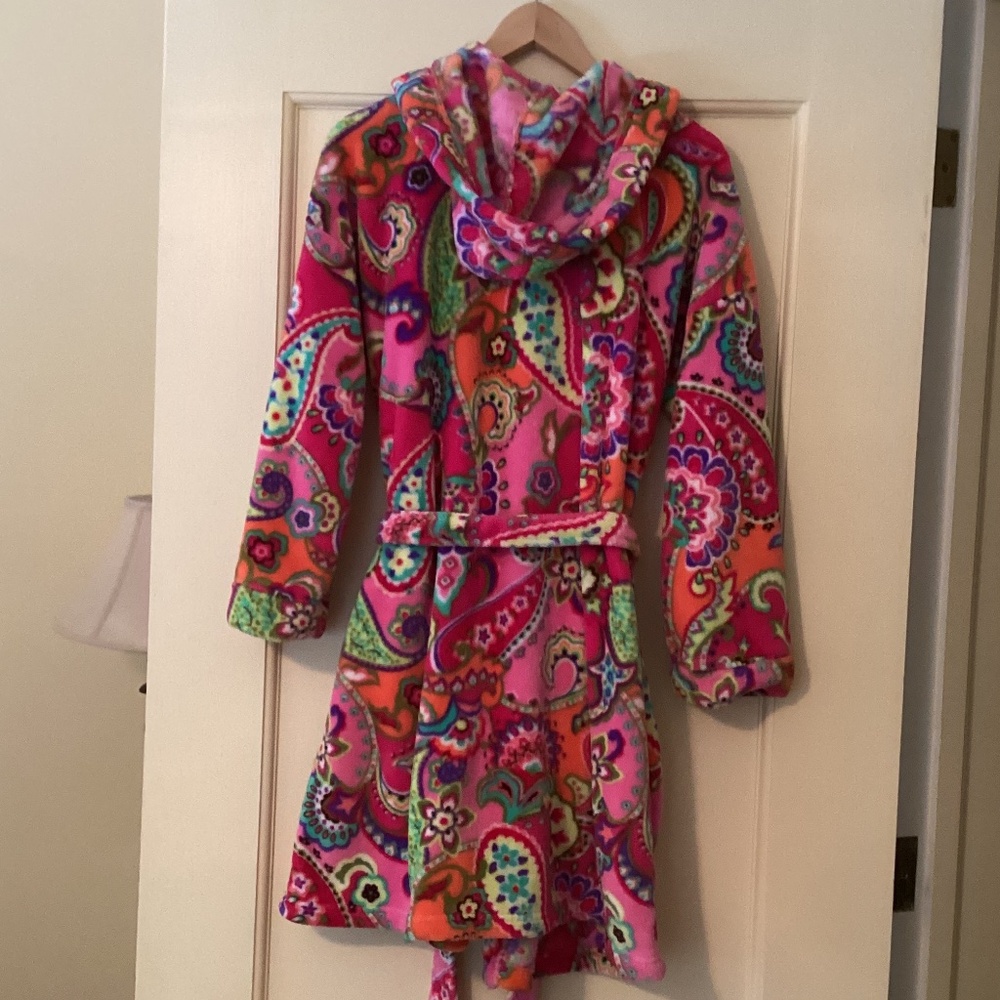Vera Bradley Pink Paisley Sherpa Fleece Plush Soft Hooded Robe Bathrobe Pockets - Picture 6 of 11